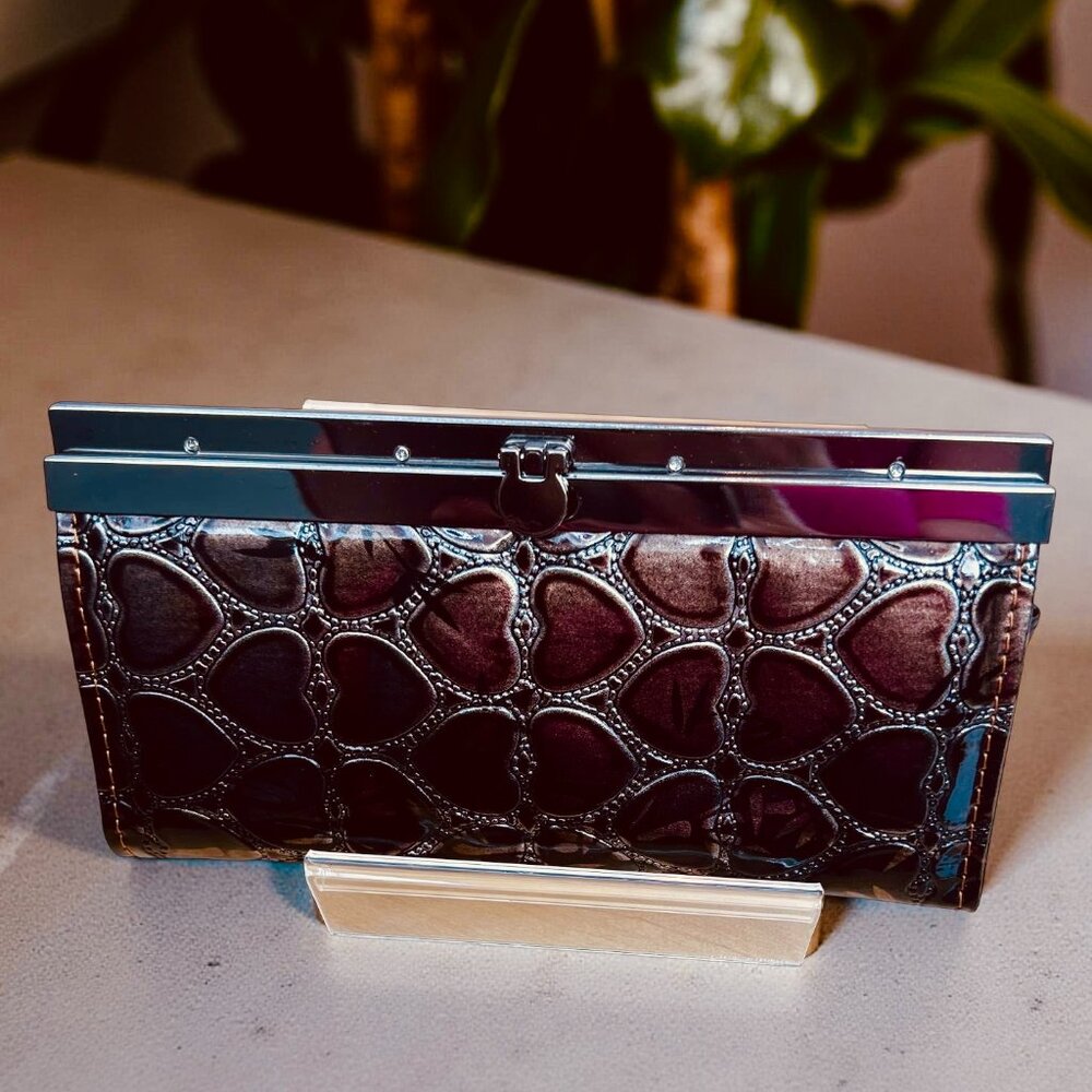 Unbranded Hard Shell Brown Heart Embossed Bamboo Print Accordion Wallet